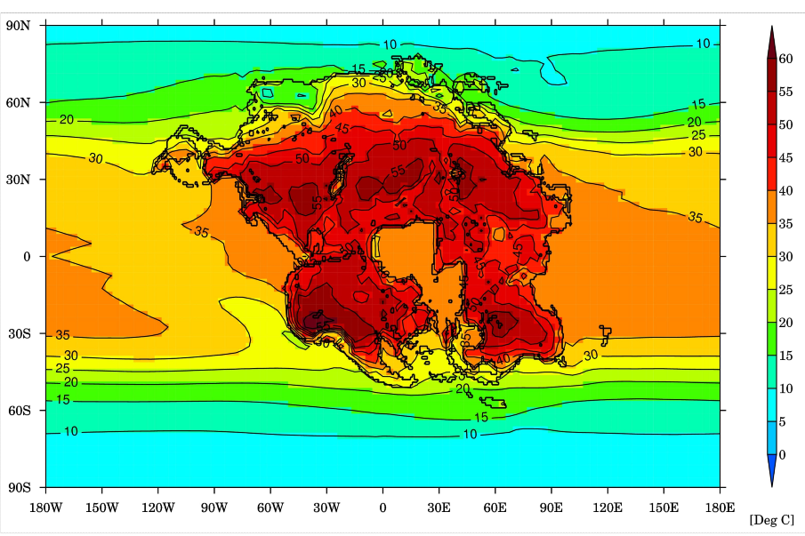Image shows the warmest month average temperature (degrees Celsius) for Earth and the projected supercontinent (Pangea Ultima) in 250 million years, when it would be difficult for almost any mammals to survive. Credit University of Bristol